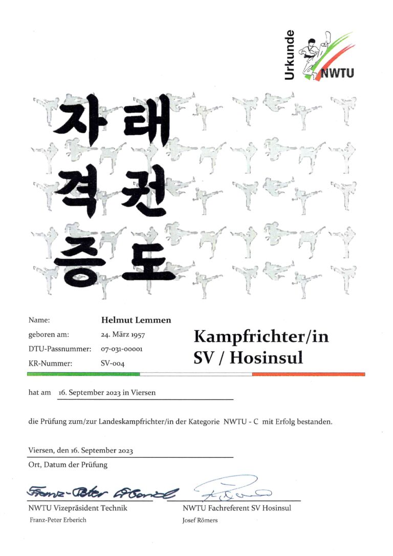 Helmut Lemmen seit 16.09.2023 Landeskampfrichter Selbstverteidigung / Hosinsul